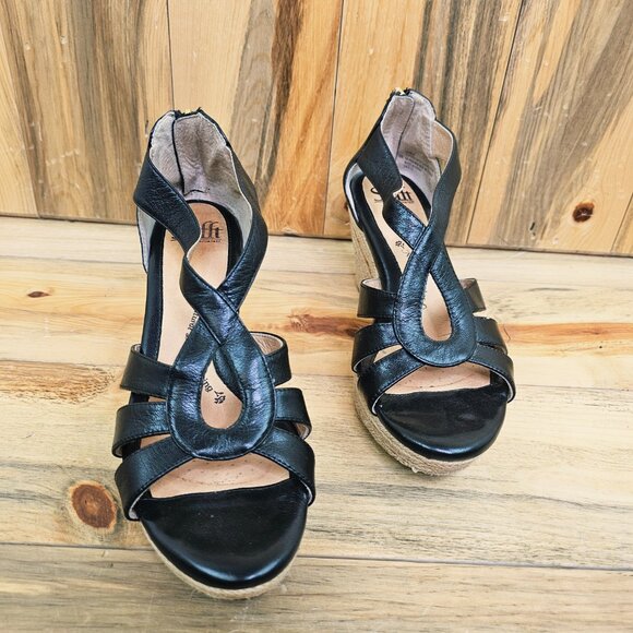 Sofft Black Espadrille Leather Wedge Strappy Sandals Size 9 - Picture 2 of 7